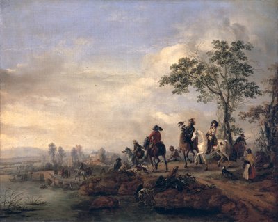 Valkeniers keren terug van de jacht door Philips Wouwerman